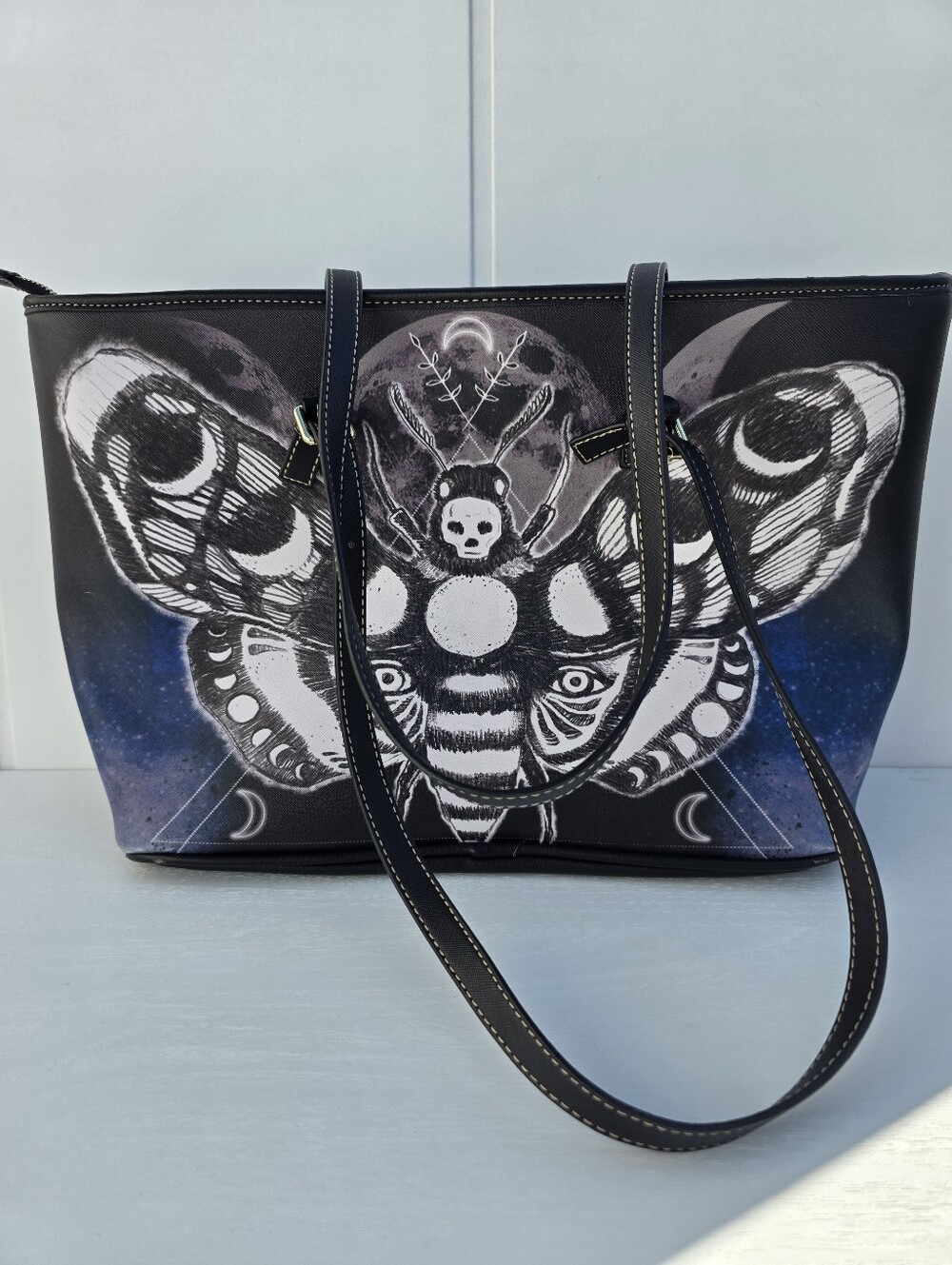 Faux Leather Moth Goth Blue Black Celestial Hand Bag Tote Bag